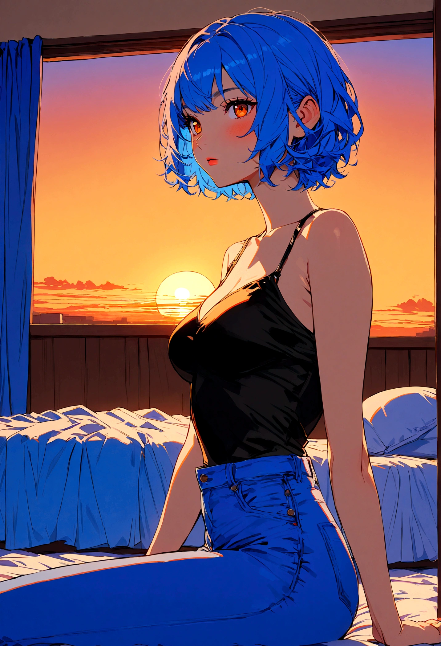 1girl, solo, blue hair, short hair, orange eyes, black top, blue jeans, sitting in her room, bed, in a sunset, master