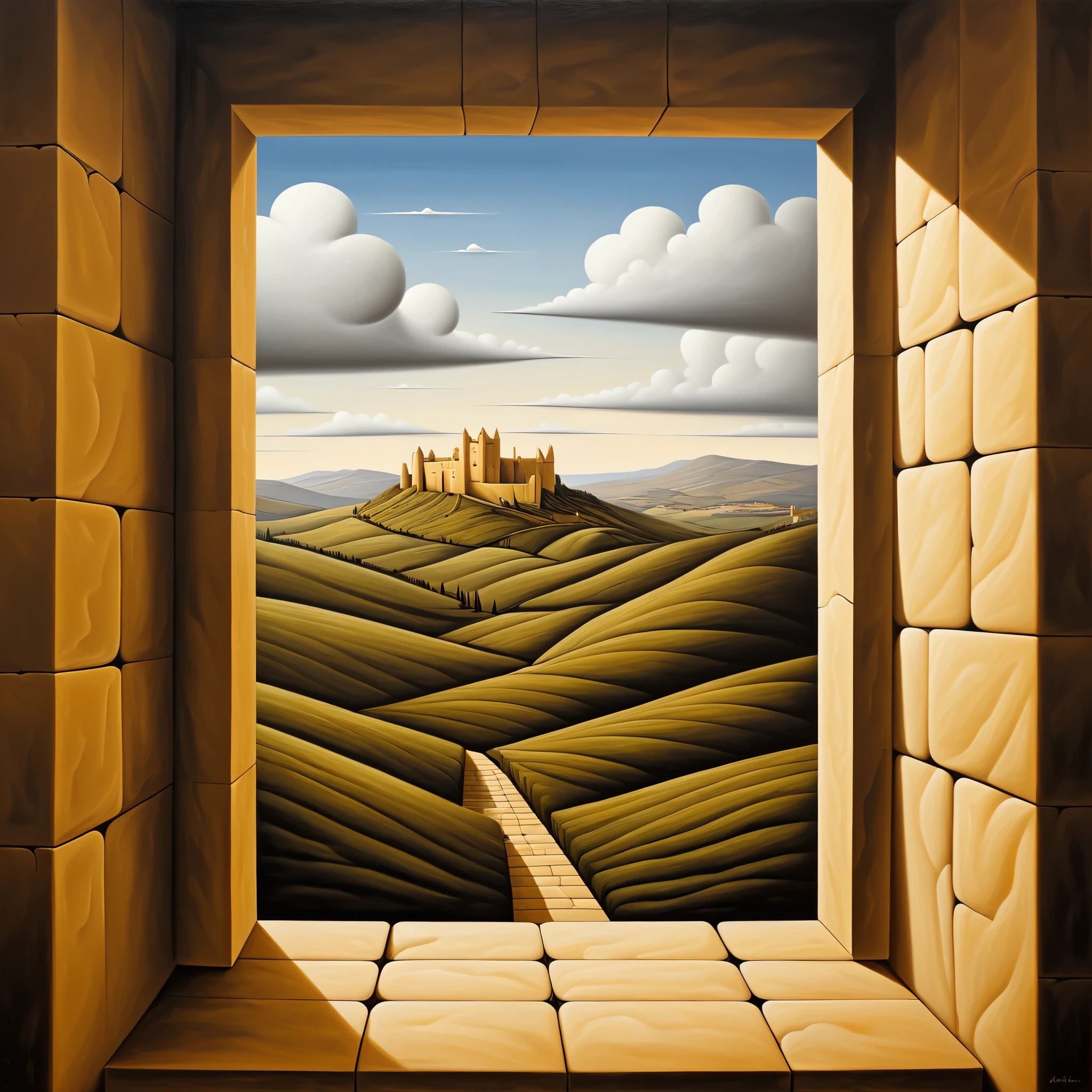 Cubist artwork in the style of Rafal Orbinski,Rafal Orbinski style, Concept Art, A gloomy view of Mdina from inside the Scottish Highlands, Golden Hour Machine, Visual novel, Stylized, Rafal Orbinski, Rafal Orbinski art . geometric shapes, Abstract, Innovative, Revolutionary