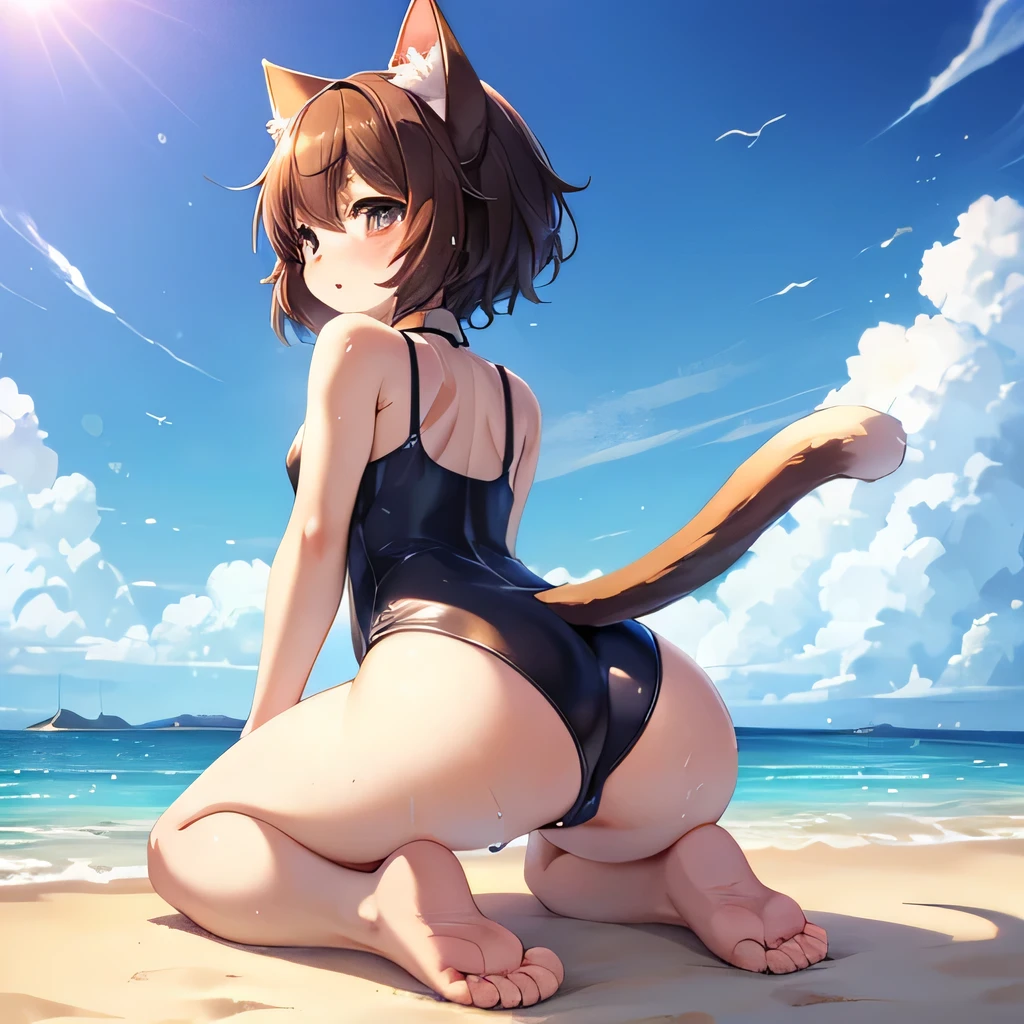 cute anime catgirl, Swimsuit only, Soaked, Body dripping, Cat-like pads on hands and feet, furry anime, on a sunny beach, Kneeling, Stand upright, an anime drawing by Puru, pixiv, furry art, Rear view, Lift your butt, No tail, from below, UHD, masterpiece, anatomically correct, textured skin, super detail, high details, high quality, best quality, highres, 8k