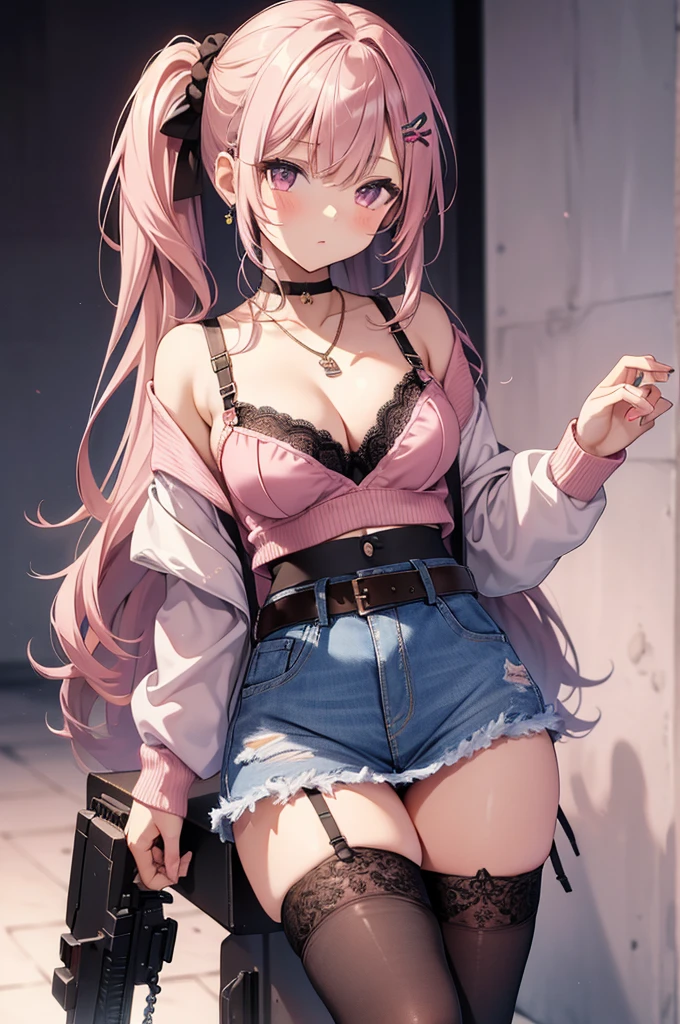 masterpiece, highest quality, pretty girl,  , Scrunchie hair ornament, Twin-tail denim pencil mini skirt, pantyhose, Leg belt, necklace, skinny , Pink and black bra,((showing off lace panties)),Two-handed pistol,pistol