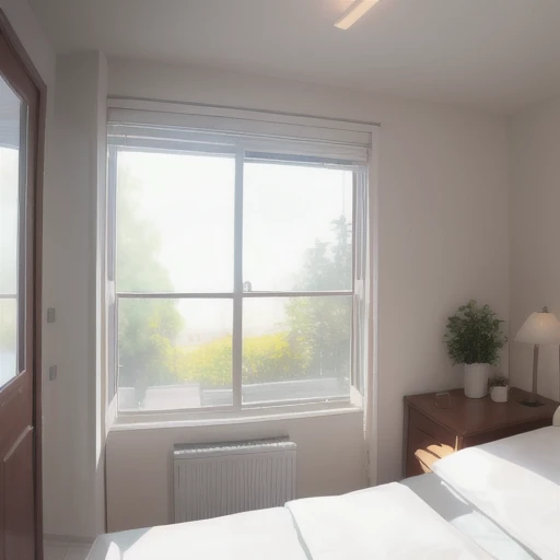 View from inside next to the door. A plain bedroom and next to it a window. Outside the window is white lighting shines. Perfect illumination.