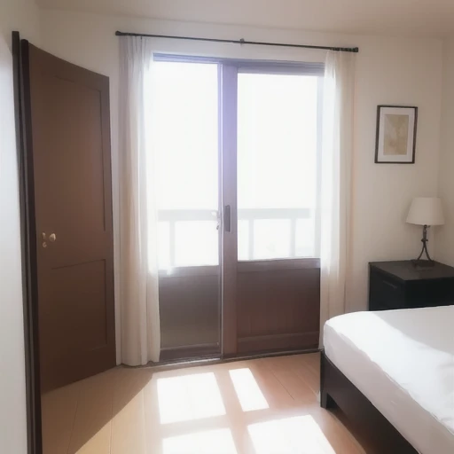 View from inside next to the door. A plain bedroom and next to it a window. Outside the window is white lighting shines. Perfect illumination.