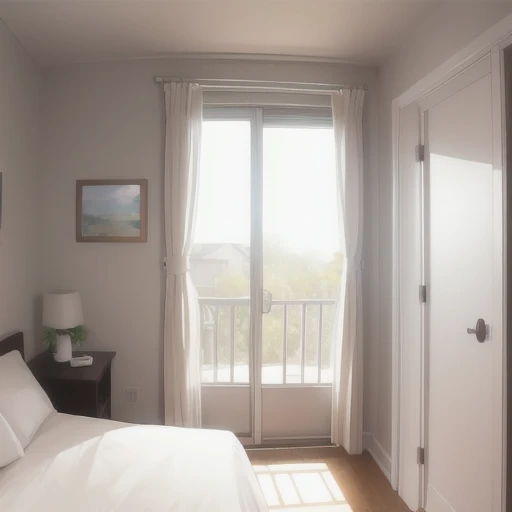 View from inside next to the door. A plain bedroom and next to it a window. Outside the window is white lighting shines. Perfect illumination.