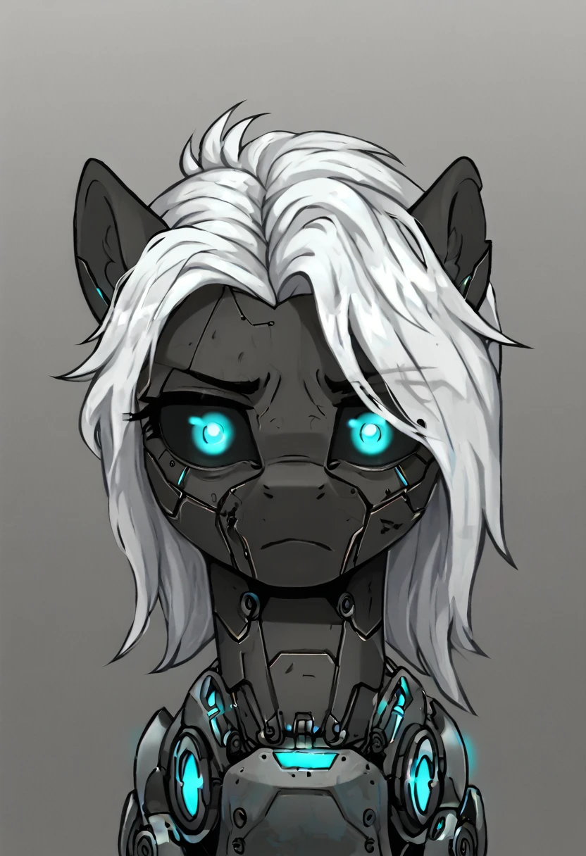 Earth pony, white mane,light blue cybernetic eyes, cybernetic body,black sclera ,black body color  shorter mane worried look