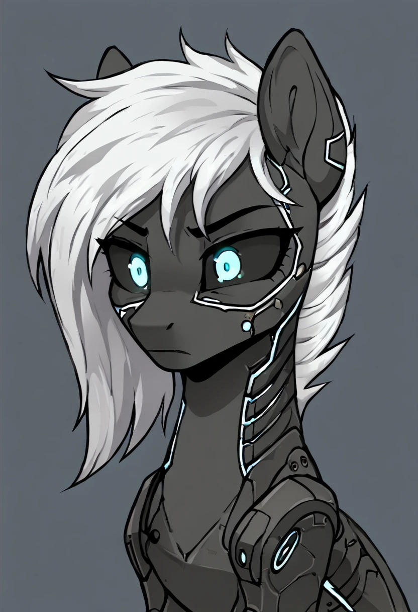 Earth pony, white mane,light blue cybernetic eyes, cybernetic body,black sclera ,black body color  shorter mane worried look