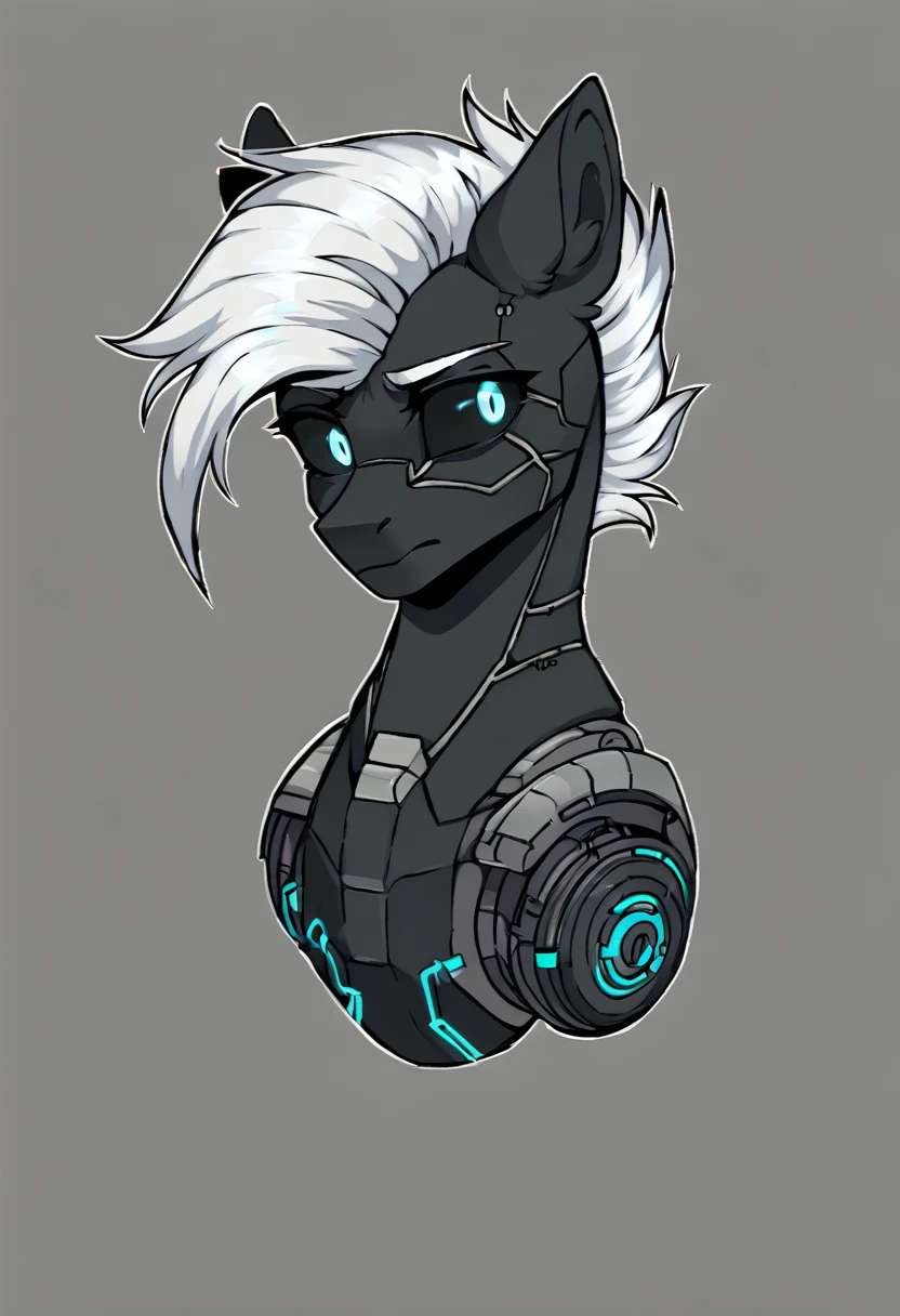 Earth pony, white mane,light blue cybernetic eyes, cybernetic body,black sclera ,black body color  shorter mane worried look