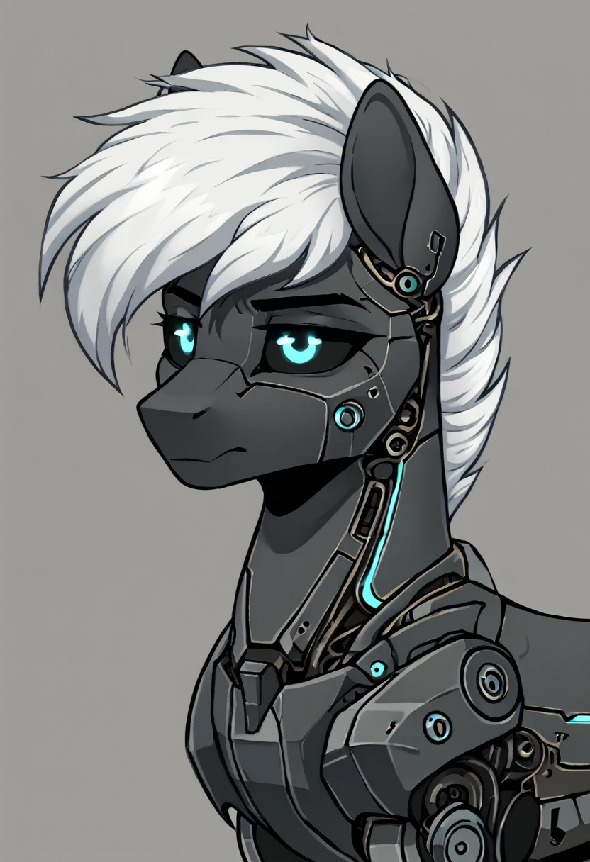 Earth pony, white mane,light blue cybernetic eyes, cybernetic body,black sclera ,black body color  shorter mane worried look