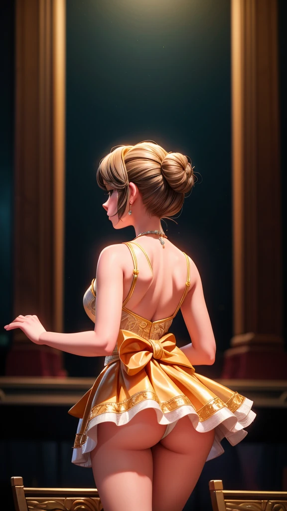 Back view, a beautiful idol standing on stage, gracefully bowing to the audience, short skirt, detailed face, beautiful eyes, delicate lips, elegant pose, intricate dress, dramatic lighting, radiant colors, cinematic composition, photorealistic, highly detailed, award winning, 8k, masterpiece