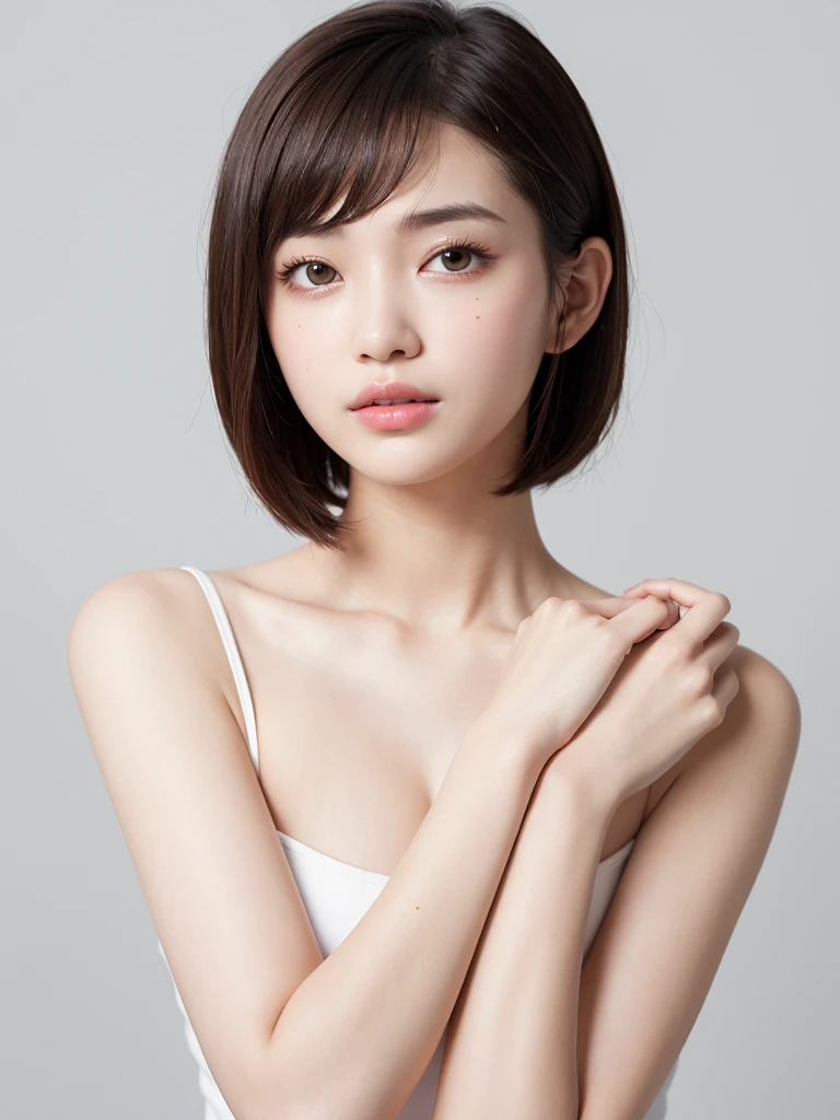 ((highest quality)), ((masterpiece)), (detailed), One girl,one piece,White background,Short Bob,Clear skin,clear,Shooting from a distance,delicate,Beauty salon model