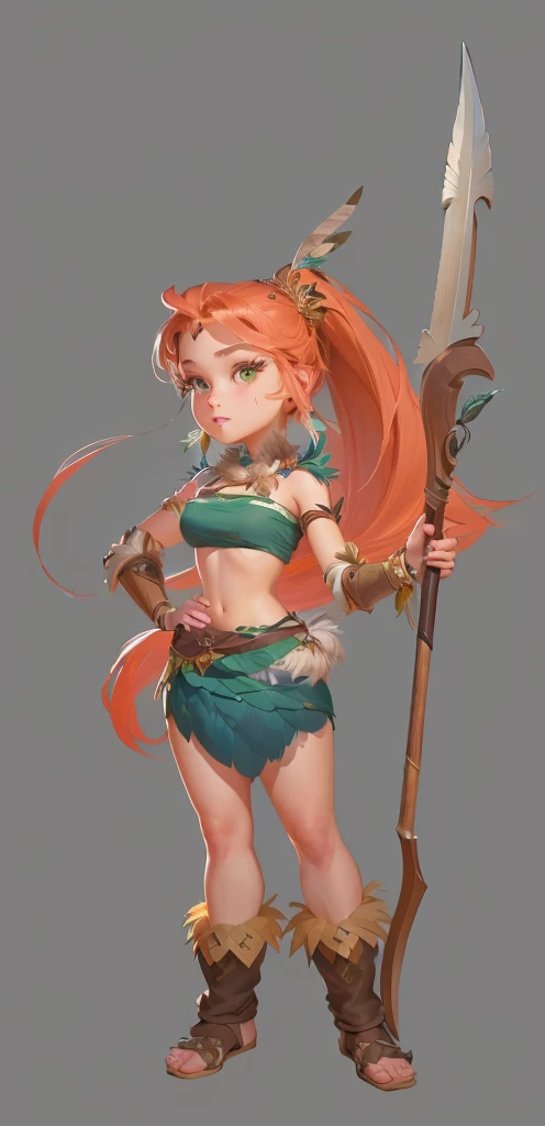 Close-up shot of cartoon girl in feather costume,，Happy forest hunter lady holding primitive weapon spear, Exquisite facial features，Big-eyed, long-haired lady looking straight at the audience， realistic character concept, Whole body concept, April Rendering, detailed Whole body concept, Female characters, Ultra-detailed fantasy characters, detailed Whole body concept art, Full body portrait, tribal girl, Character posing in concept art, unrealistic character concept, Full body portrait