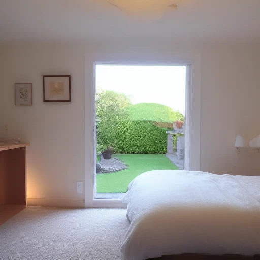 View from inside next to the door. A plain bedroom and next to it a window. Outside the window is white lighting shines. Perfect illumination.