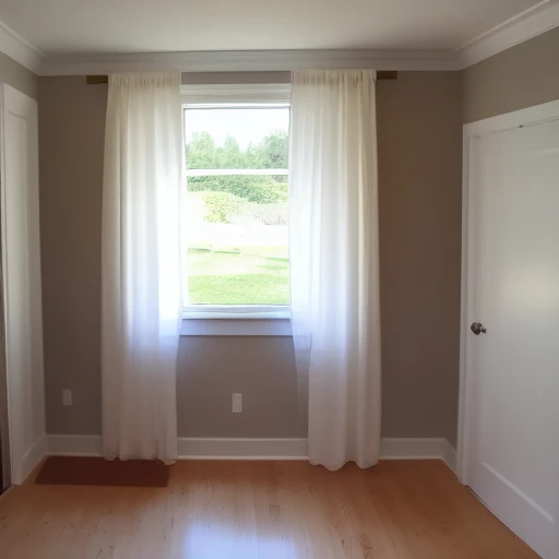 View from inside next to the door. A plain bedroom and next to it a window. Outside the window is white lighting shines. Perfect illumination.