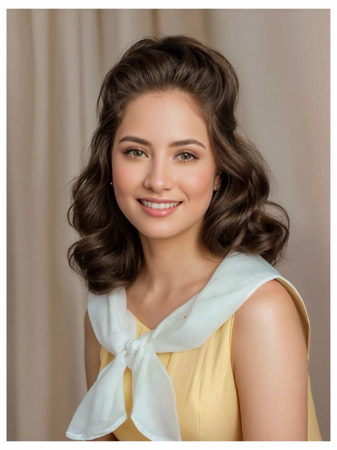 a close-up of a woman in a yellow dress and a white scarf, retrato de darna moderna, retrato en color, retrato promocional, foto de retrato realista, movie portrait, foto de retrato, retrato elegante, portrait realistic photography, retrato de 8 0, Foto de retrato de alto detalle, retrato de estudio, retrato tradicional, retrato de belleza detallado, classic portrait