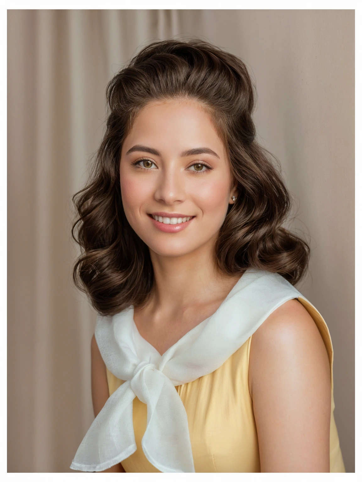 a close-up of a woman in a yellow dress and a white scarf, retrato de darna moderna, retrato en color, retrato promocional, foto de retrato realista, movie portrait, foto de retrato, retrato elegante, portrait realistic photography, retrato de 8 0, Foto de retrato de alto detalle, retrato de estudio, retrato tradicional, retrato de belleza detallado, classic portrait