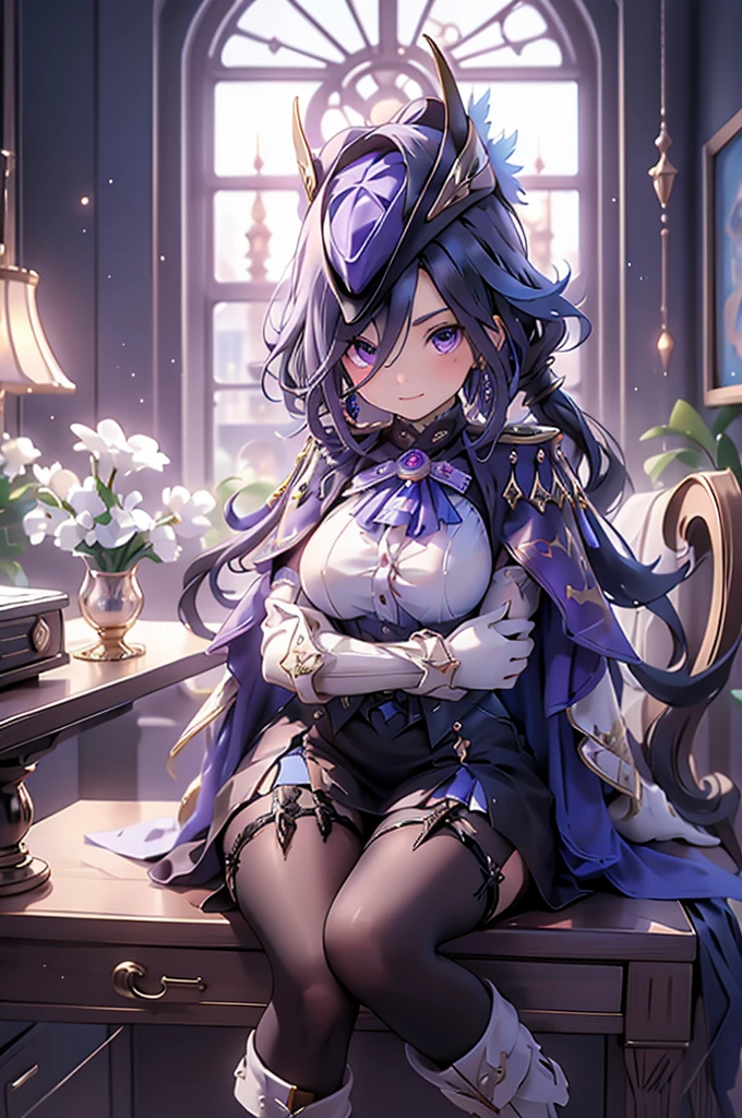 front、whole body、Looking down、Cross your arms、Fearless smile、clorinde \(genshin impact\),1girl,solo,purple eyes,hat feather,tricorne,white gloves,low ponytail,blue cape,blue hair,epaulettes,black pantyhose,ascot,breasts,black skirt,corset,blue headwear,boots,leg garter,black corset,shirt,earrings,high heels,Sit in a chair in the office、Luxurious Western-style interior