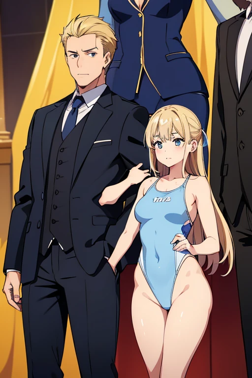 (high resolution:1.3), (16k, Detailed Images), リングで戦うmaleとGirl、(male１peopleとGirl１people)、(male、Strong、tall、In a suit)、(Girl、Slender、Torn swimsuit figure)