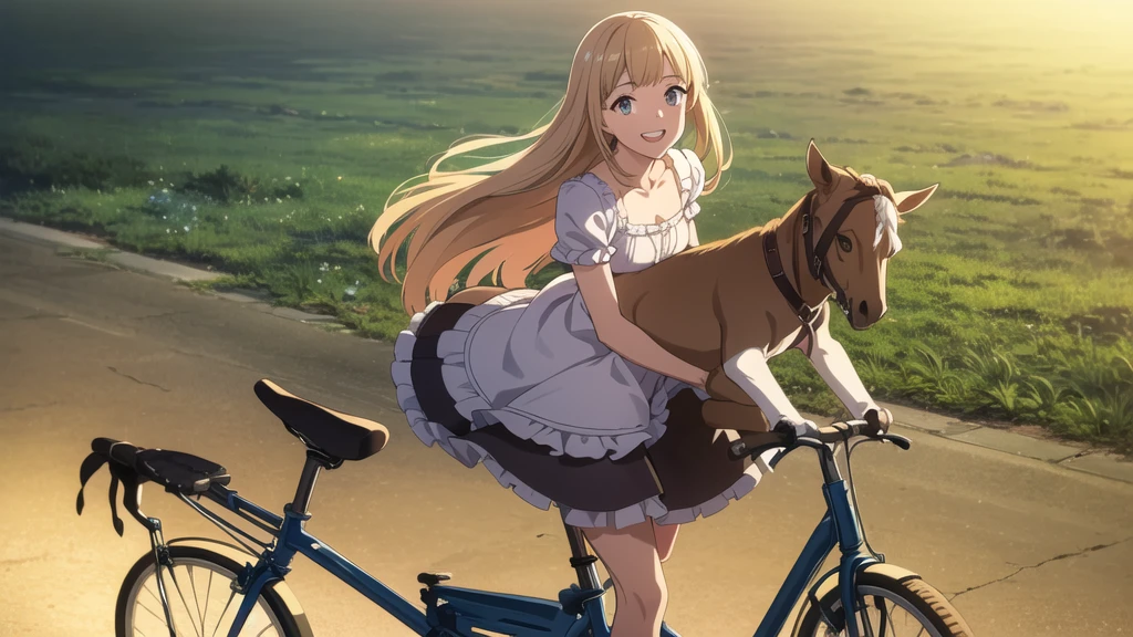 (In 8K, Ultra-high resolution, Best Quality, Masterpiece:1.2), (Realistic illustrations), (Highly Detailed CG Unity 8K Wallpaper), beautiful girl riding a bicycle, feminine dress with frills, smile, Detailed teeth, はにかんだsmile, Nostalgic vintage style animation, 80's, Neon signs and retro buildings, cassette tape