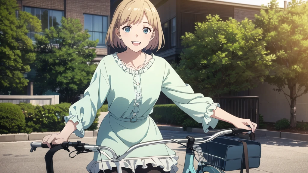 (In 8K, Ultra-high resolution, Best Quality, Masterpiece:1.2), (Realistic illustrations), (Highly Detailed CG Unity 8K Wallpaper), beautiful girl riding a bicycle, feminine dress with frills, smile, Detailed teeth, はにかんだsmile, Nostalgic vintage style animation, 80's, Neon signs and retro buildings, cassette tape