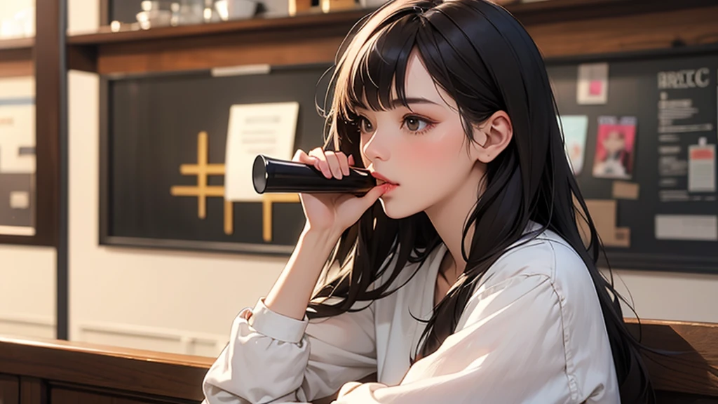 best quality, Girl drinking coffee in a room