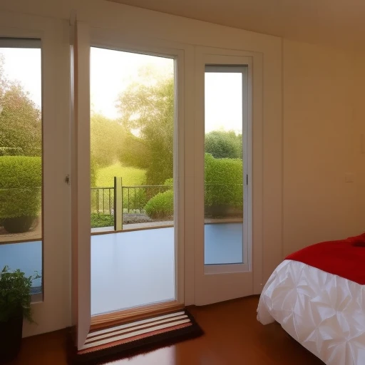 View from inside next to the door. A plain bedroom and next to it a window. Outside the window is white lighting shines. Perfect illumination.