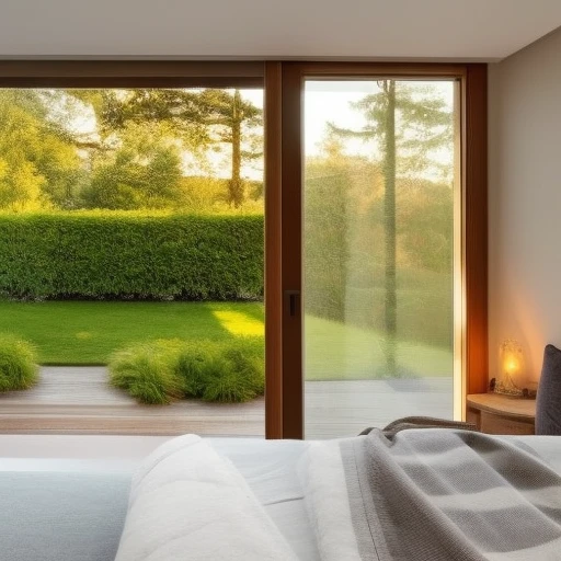 View from inside next to the door. A plain bedroom and next to it a window. Outside the window is white lighting shines. Perfect illumination.