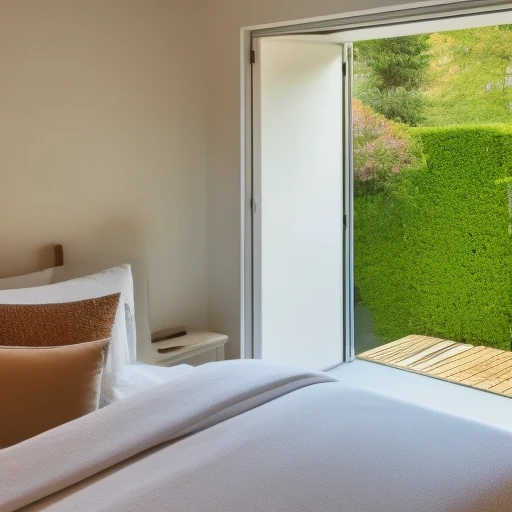 View from inside next to the door. A plain bedroom and next to it a window. Outside the window is white lighting shines. Perfect illumination.