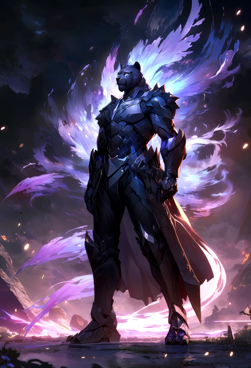 high quality、detailed、distinct、Fantasy World Black Panther,Emits a blue-violet light,Glow effect,night,Medium shot scenes,whole body, 非常にdetailedなシュールなVFX,OC Rendering,Shot at 70mm - AR