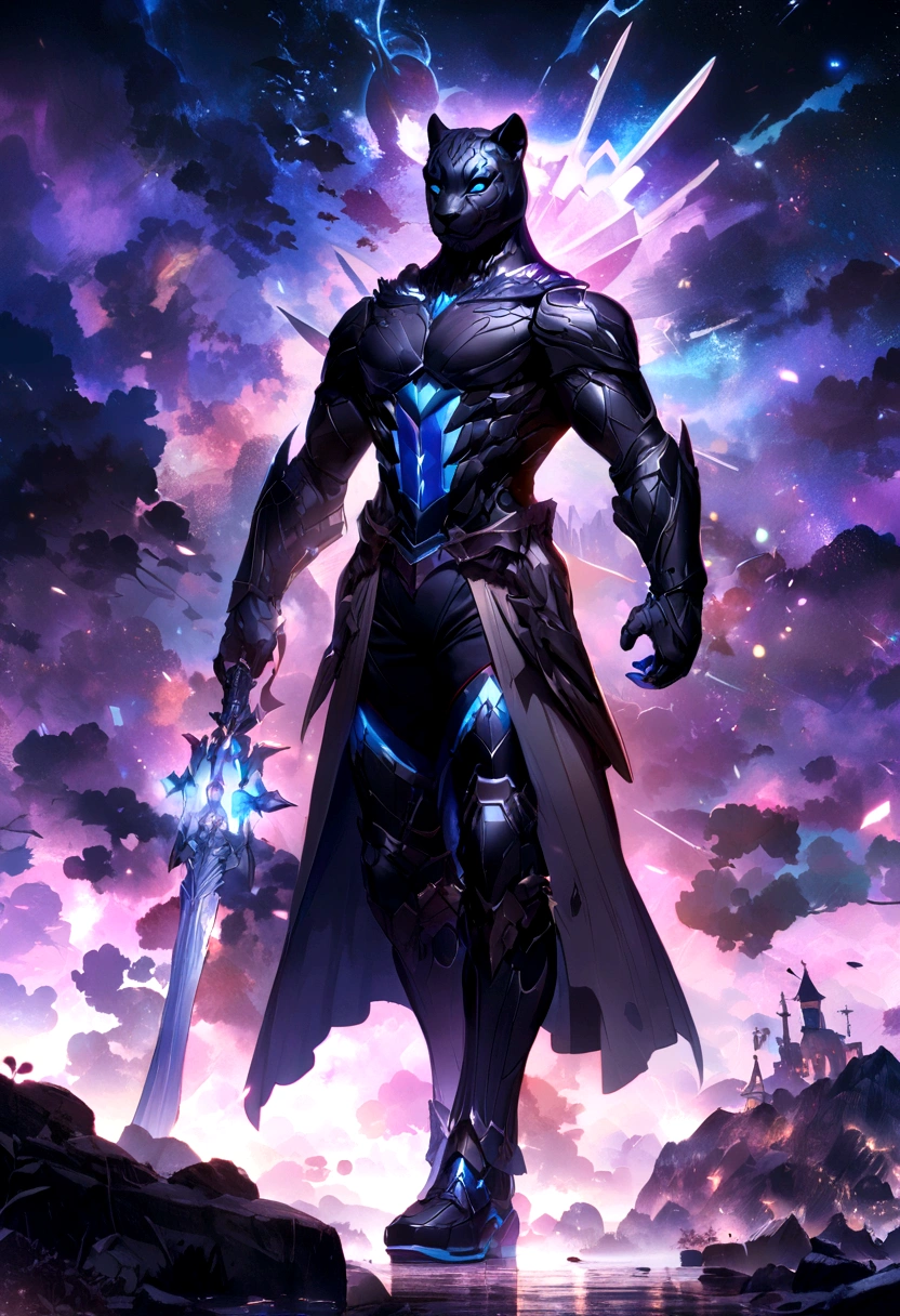 high quality、detailed、distinct、Fantasy World Black Panther,Emits a blue-violet light,Glow effect,night,Medium shot scenes,whole body, 非常にdetailedなシュールなVFX,OC Rendering,Shot at 70mm - AR