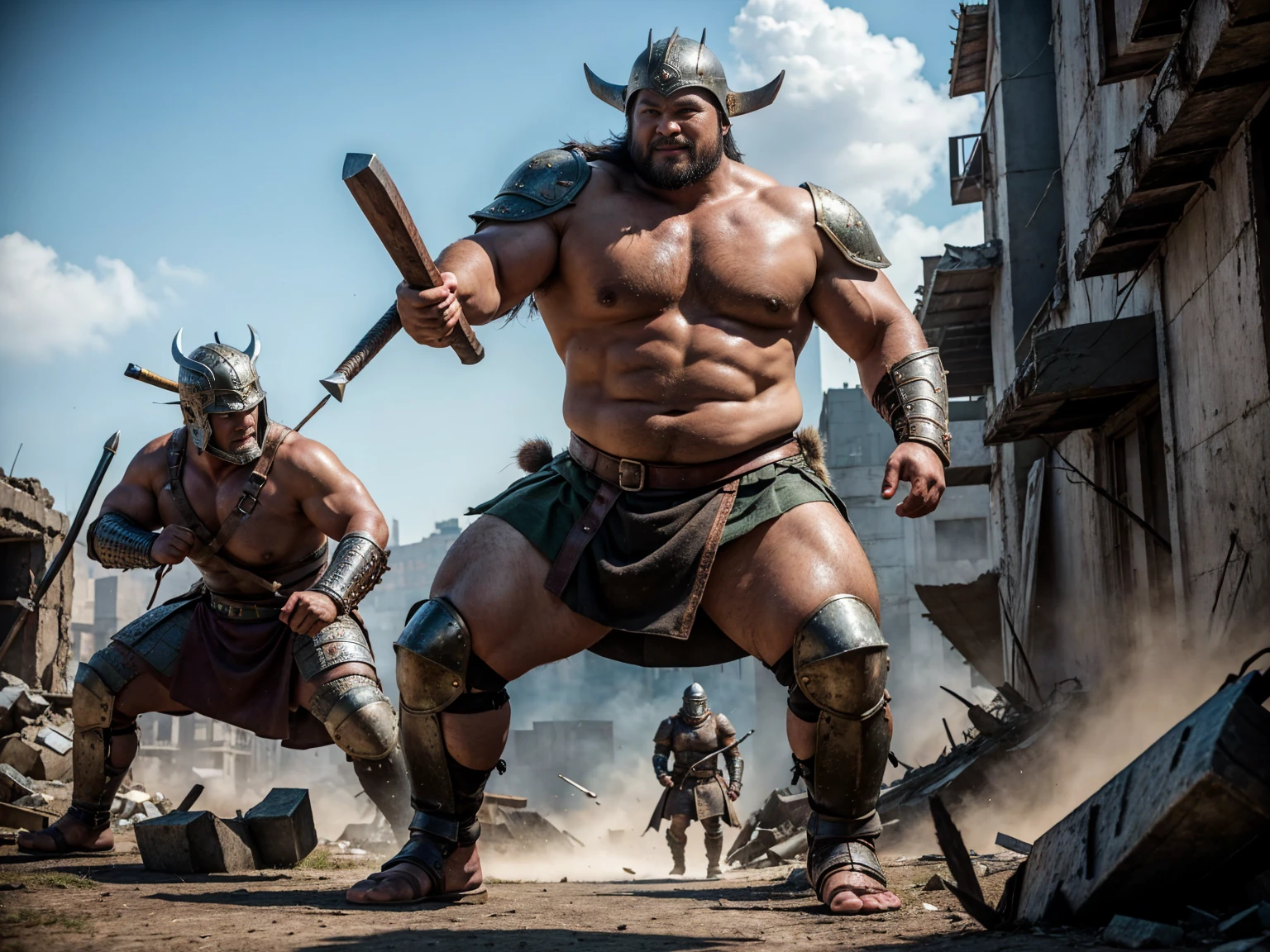 looking at us, Staring Intently, face focus, Bandit, Fat ferocious barbarian:2, This barbarian is a robust stocky Japanese, smirking, mid combat, intense battle scene, leather and iron armor, armored short skirt, holding a Viking War Axes, viking helmet, legs exposed from thighs to feet, fierce warriors, ancient battlefields, epic showdown, battleground background, masterpiece, volumetric lighting, Dramatic, Uighur the Warden, breathtaking action, dynamic poses, bald, ((ultra sharp)), ((masterpiece)), ((best quality)), ((ultra detailed)), ((intricate details)), Inguinal region detailed, Dilapidated, breathtaking action, destroyed city after big air raids, A desolate, post-apocalyptic cityscape, A brutal scene, lets out a yell, casting an ominous shadow,
