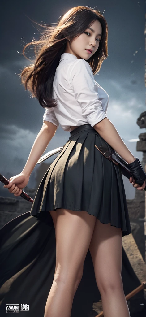 (In the Dark: 1), (highest quality), (Reality: 1), Movie Posters, Realistic skin texture, Very detailed, 8k wallpaper, Volumetric lighting, Dynamic Lighting, With a girl, Black bob hair, Small breasts,  uniform, Short white shirt, Belly button、Mini Pleated Skirt, Waist Guard, Handguard, Veil, holding a long sword in front of you,hold a trench knife, (((The wind blows her skirt up, exposing her beautiful pussy))), Castle in the Sky Garden, short sword at waist, attack posture, Bloodstain, Torn clothes, Battlefields of Ancient China, A group of ancient soldiers chasing and killing, The eagle is flying, war is flying, night, Dramatic composition, Around the sword, rich background details, war,Idol Smile