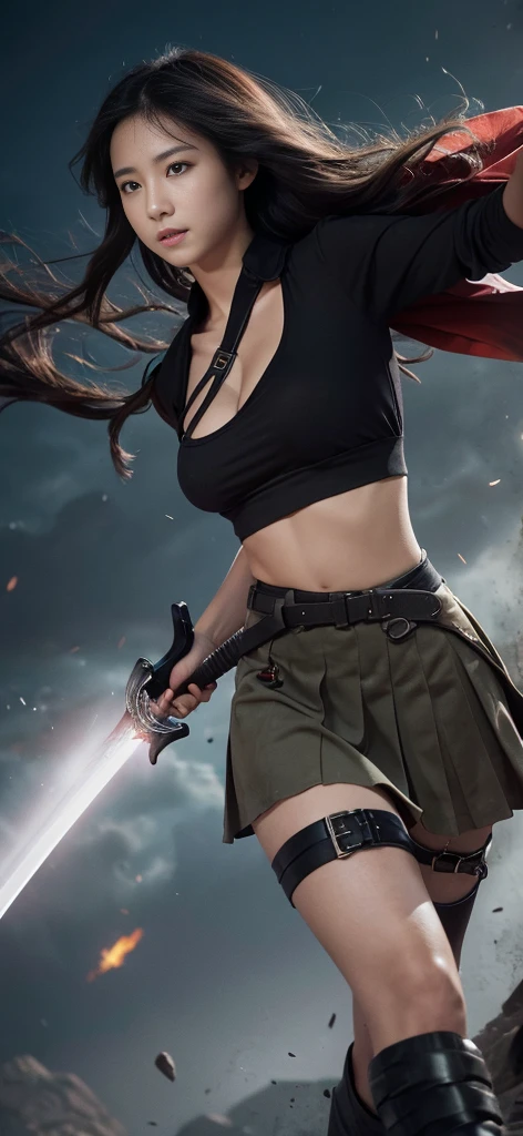 (In the Dark: 1), (highest quality), (Reality: 1), Movie Posters, Realistic skin texture, Very detailed, 8k wallpaper, Volumetric lighting, Dynamic Lighting, With a girl, Black bob hair, Small breasts, uniform, Short white shirt, Belly button、Mini Pleated Skirt, Waist Guard, Handguard, Veil, holding a long sword in front of you,hold a trench knife, (((The wind blows her skirt up, exposing her beautiful pussy))), Castle in the Sky Garden, short sword at waist, attack posture, Bloodstain, Torn clothes, Battlefields of Ancient China, A group of ancient soldiers chasing and killing, The eagle is flying, war is flying, night, Dramatic composition, Around the sword, rich background details, war,Idol Smile