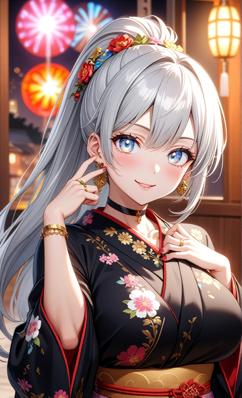 ((one personの女性)), Beautiful Face,((Wink:1.8)),((a woman making a cute hand sign. She is placing both hands on her head, with a playful smile)),(Bright red cheeks:1.4),Laughing embarrassedly,Laughing with your mouth open,Glossy pink lips,Lighting on the face,night,night景の見える屋上,Colorful fireworks,((Anime style background)),masterpiece, highest quality, so beautiful, Latest, Complex details, (Pink long nails),(ring),(bracelet),(choker),AI-generated, Complex,High resolution, highest quality, super high quality,3D Images、View your viewers、3D Images,one person,Long white hair,High Ponytail,(blue eyes),Anime woman posing for a photo, ((Fine grain、Silvery white colorful eyes、Shining Eyes:1.2)),(Squint your eyes:1.1),a hyperRealistic , hyperRealistic , Realistic,Anime woman with long and white hair, Smooth anime CG art, A woman in a colorful kimono with gold embroidery, (Black kimono),Red floral pattern,Long flower hair ornament,Big earrings,Mature Body,(Big Breasts:1.2),Tall,Abdominal muscles,Narrow waist,(Zoom in on face:1.0),Shooting at an angle