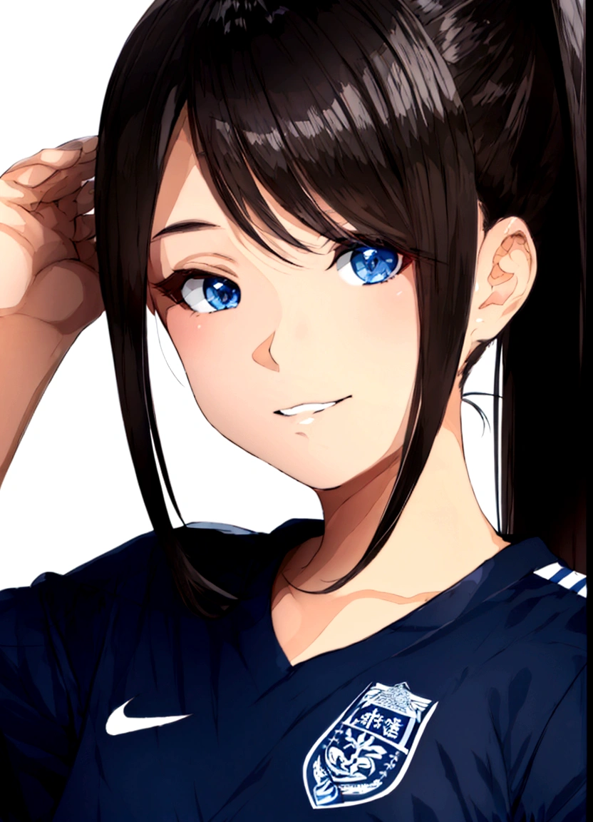 A beautiful black-haired soccer girl wearing a navy blue Avispa Fukuoka soccer uniform