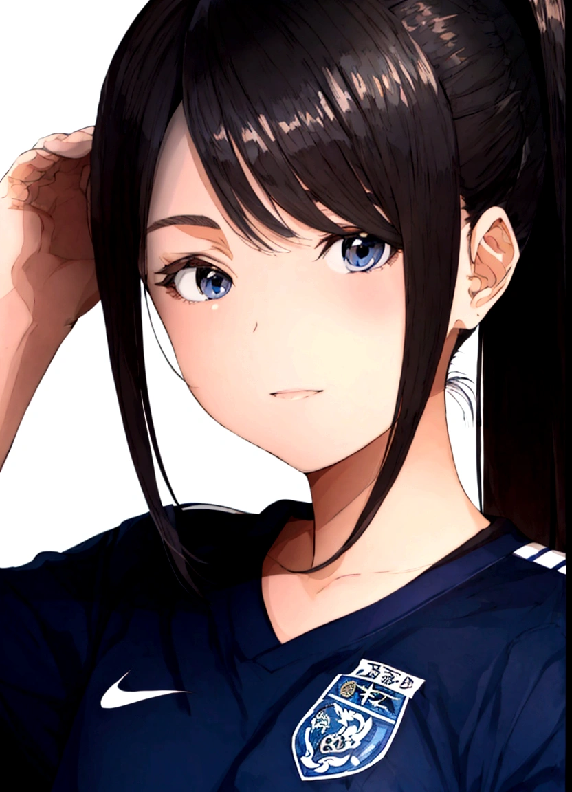A beautiful black-haired soccer girl wearing a navy blue Avispa Fukuoka soccer uniform