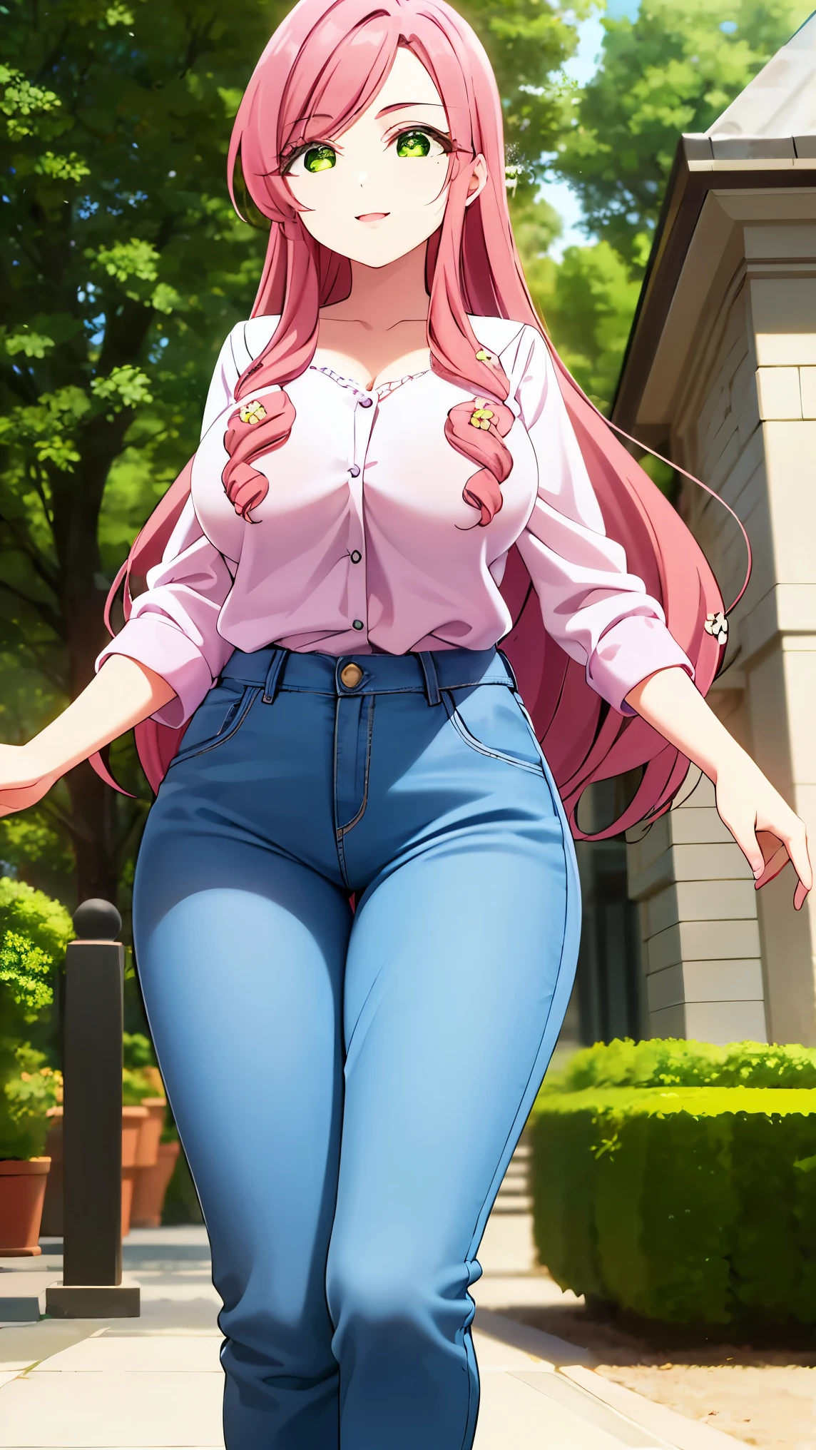 1 girl, alone, hahari hanazono, long hair, bangs, (green eyes: 1.2), pink hair, flower, hair flower, smile, (pink blouse), white floral print, bare waist, tight blue jeans, outdoors, city, walking, from behind looking at viewer, pov(from below), masterpiece: 1.2), best Quality, high resolution, Unity 8k wallpaper, (artwork: 0.8), green eyes (beautiful detailed eyes: 1.6), extremely detailed face, perfect lighting, extremely detailed CG (perfect hands, perfect anatomy), large breasts, medium waist. , wide hips, medium thighs, round butt