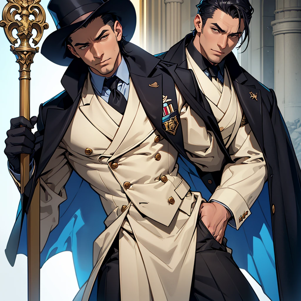 Big body, Man
1. Attire.
- The figure is wearing a white double-breasted suit with a dark tie and a vest underneath. The suit is adorned with several buttons, and the overall appearance is very sharp and formal.
- Over the suit, the figure has a large, dark fur-trimmed cape draped over the shoulders, adding a sense of grandeur and authority to the appearance.
- The figure's right arm is holding a cane or a staff, indicating a possible sense of authority or power.
2. Pose.
- The figure stands confidently with the left arm slightly bent and the hand resting on the hip, while the right arm holds the cane firmly.
- The posture is upright and commanding, suggesting confidence and control.
3. Face and Head.
- The head and face of the figure are not visible; they are shrouded in darkness or simply not drawn, which adds an element of mystery to the character.
4. Details.
- The fur trim on the cape is detailed and appears luxurious, indicating high status or wealth.
- The suit is well-fitted and meticulously designed, reinforcing the impression of a powerful and wealthy individual.
5. Body.
- Big body, a mobster Man