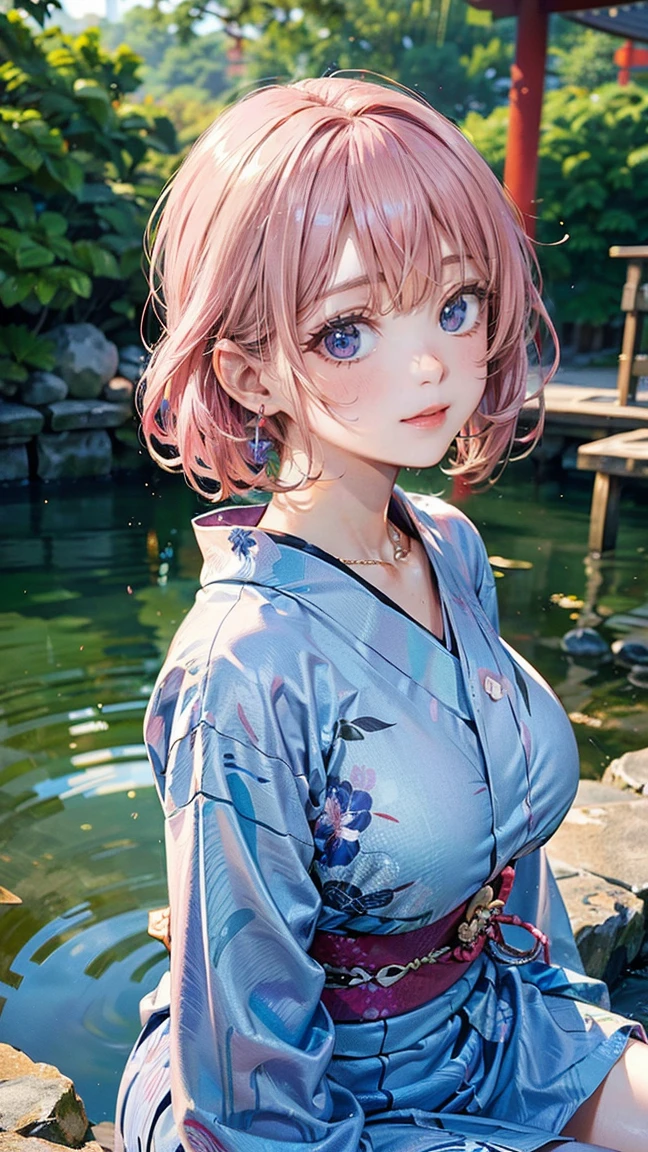 (Masterpiece, BestQuality:1.3), (ultra detailed:1.2), (hyperrealistic:1.3), (RAW photo:1.2), High detail RAW color photo, professional photograph, (Photorealistic:1.4), (realistic:1.4), professional lighting, perfect anatomy, (Big Breasts:1.2), (blush, detailed face), (cheerful Smile:1.5), Trending Hair&Trending Hairカラーをランダムに, earrings, necklace, bracelet, sexy, erotic sexy, Random sexy gravure poses, (A beautiful pink-haired woman wearing a blue yukata、sitting by the pond in a Japanese garden。She has a gentle smile。:1.3)