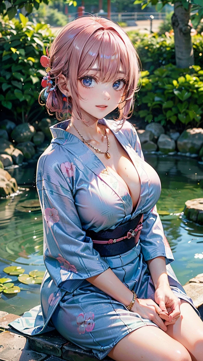 (Masterpiece, BestQuality:1.3), (ultra detailed:1.2), (hyperrealistic:1.3), (RAW photo:1.2), High detail RAW color photo, professional photograph, (Photorealistic:1.4), (realistic:1.4), professional lighting, perfect anatomy, (Big Breasts:1.2), (blush, detailed face), (cheerful Smile:1.5), Trending Hair&Trending Hairカラーをランダムに, earrings, necklace, bracelet, sexy, erotic sexy, Random sexy gravure poses, (A beautiful pink-haired woman wearing a blue yukata、sitting by the pond in a Japanese garden。She has a gentle smile。:1.3)