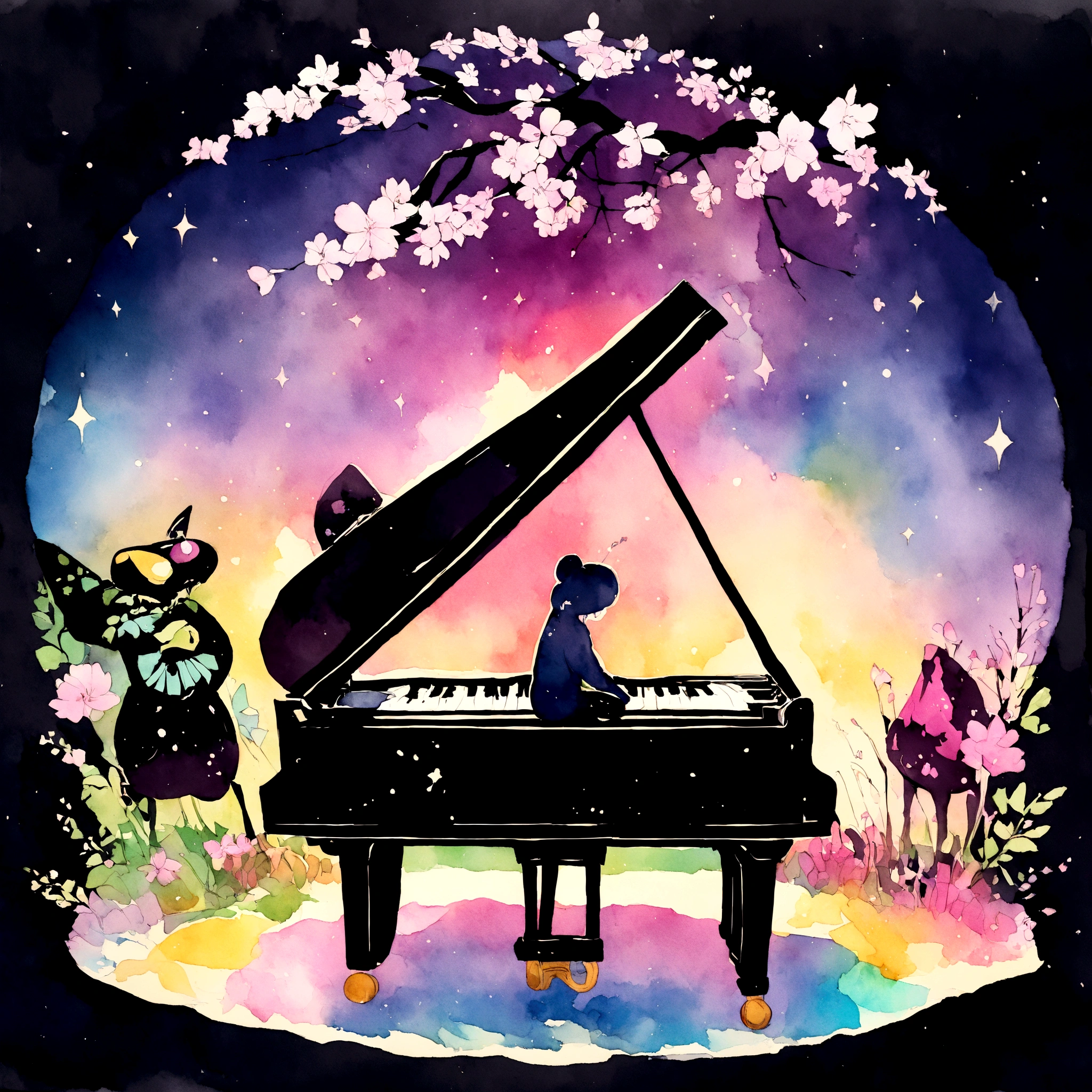 【最高masterpiece】Piano Jazz Bar,Analog Color Theme, Lo-fi Hip Hop , retrospective exhibition, flat, 2.5D ,Draw a line, Ink Painting, Watercolor, Gouache Color, Very colorful, Outerton, Krautlock, Lofi Art,Old Texture, amplitude,Psychedelic atmosphere, masterpiece, Technology of Wonders,Darken the room,A beautiful night at the beach with a starry sky outside the window,Cherry blossoms in full bloom on top of the piano