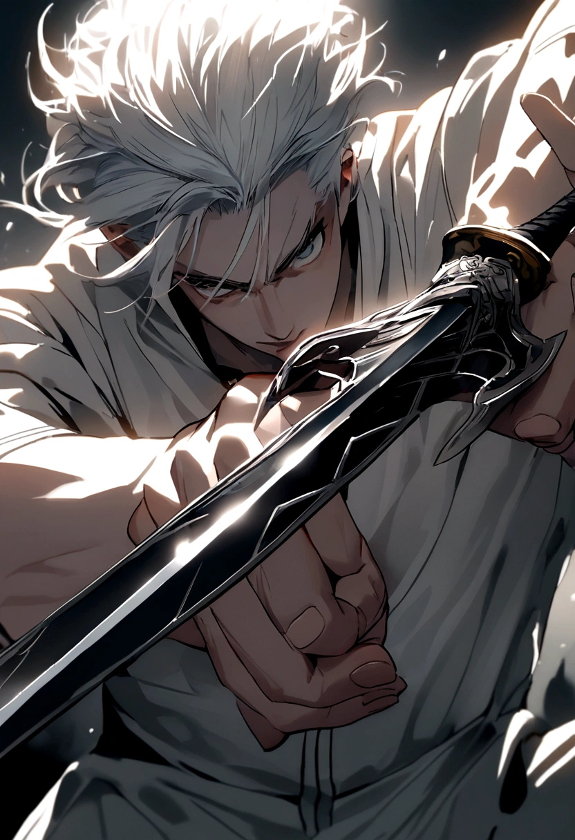 man in action pose with short white hair, has white sportswear, ((in his hands he has daggers)), close up