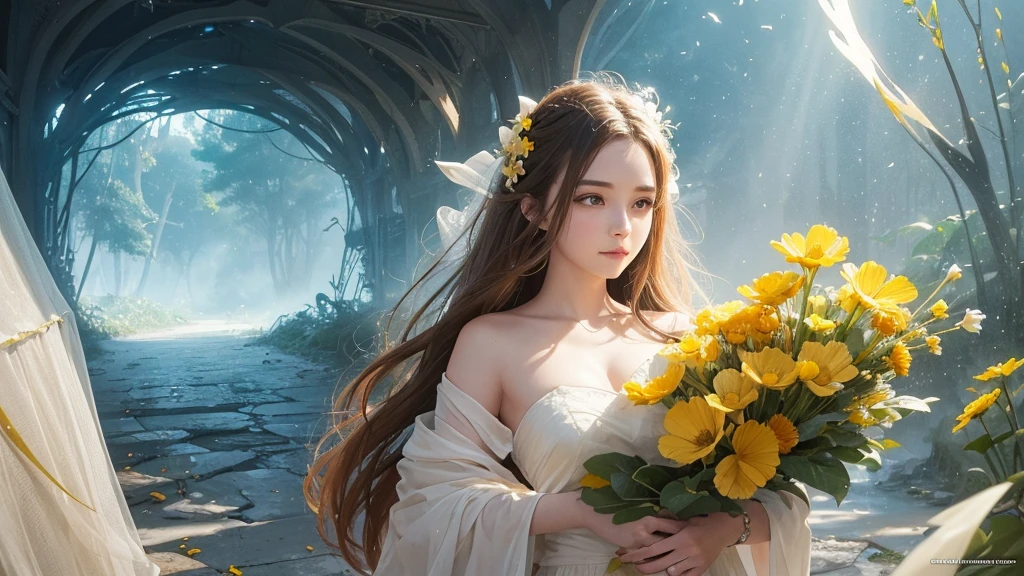 32k, Masterpiece, highest quality, One girl, Detailed eyes, flower,Sandersonia, Yellow and white style,A dreamy, romantic piece,Pale orange, Mysterious Leaves,A playful arrangement,Fantasy,High Contrast,Ink strokes,explosion,Exposure, Impression of yellow and white tones,Abstract,((Watercolours by John Berkey and Jeremy Mann )) Brush strokes,Negative Space, Tyndall effect,
