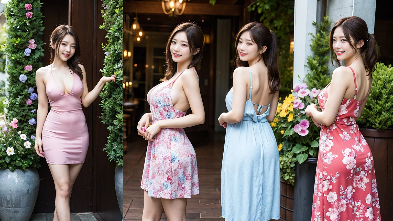 (highest quality、32K、masterpiece:1.3)、(Beautiful woman:1.2)、(3 girls:1.3)、(Full body photo:1.3)、(Show me your ass:1.3)、(Shooting from behind:1.3)、24-years-old、Dark brown hair:1.1、ponytail、Highly detailed face、Lips Detail、Detailed Eyes、double eyelid、Saggy breasts、Visible curves、With skinny friends、Laughter、Happy smile、Bright photo、looking at the camera、(Floral dress、Transparent nipples)