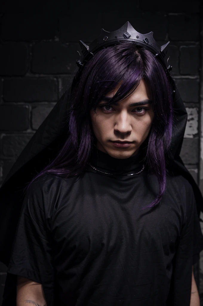 a man with anime action hair, wear dark kings crown, wear soulbinder on the neck, wear a purple night cape, and wear a black tshirt