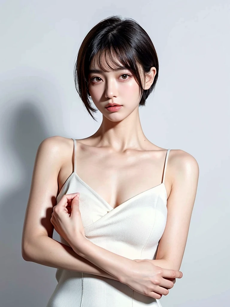 ((highest quality)), ((masterpiece)), (detailed), One girl,one piece,White background,Short Bob,Clear skin,clear,Shooting from a distance,delicate,Beauty salon model