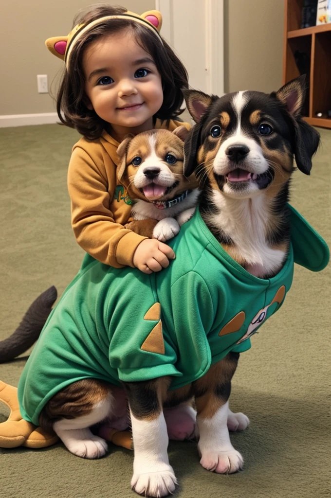 Cute puppy on dinosaur costume
and kitten on dinosaur costume