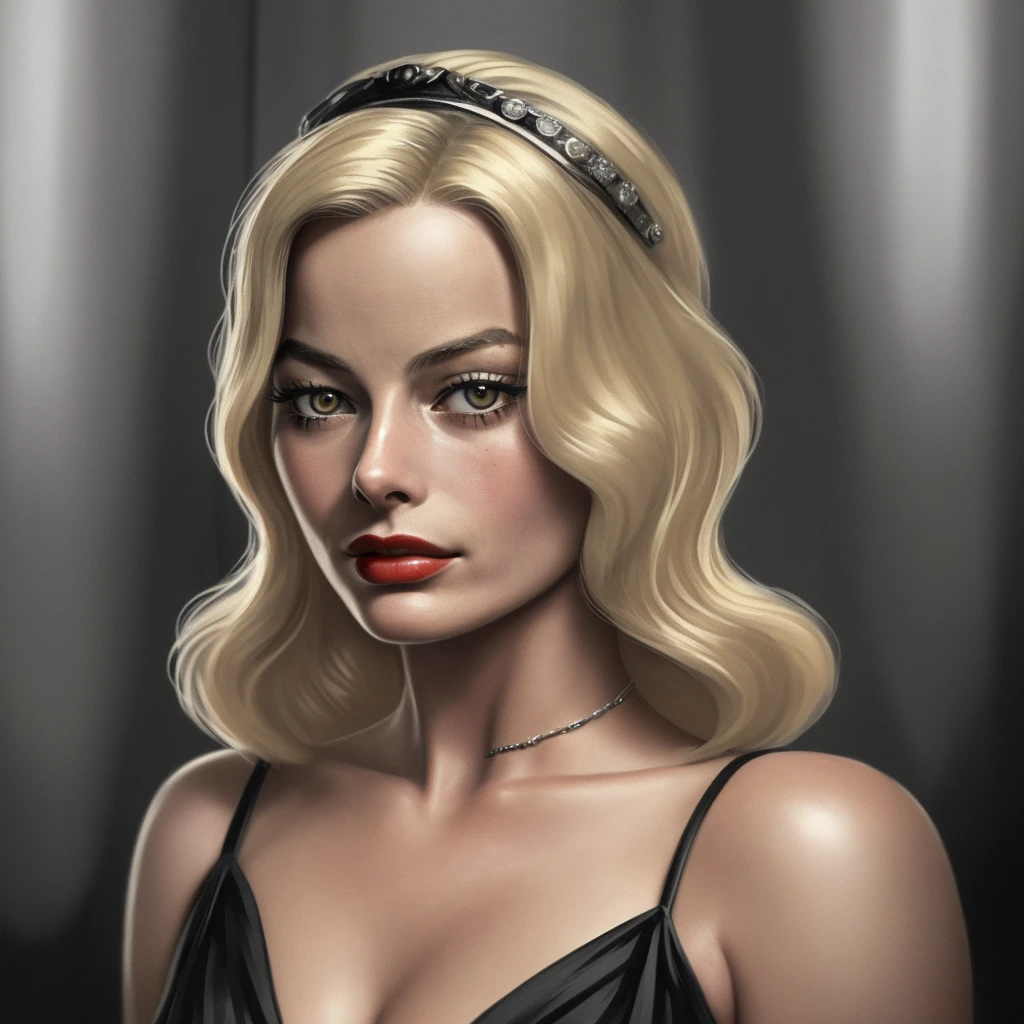 1930s American blonde woman, Looks like Margot Robbie, noir movie, realistic expression, portrait
