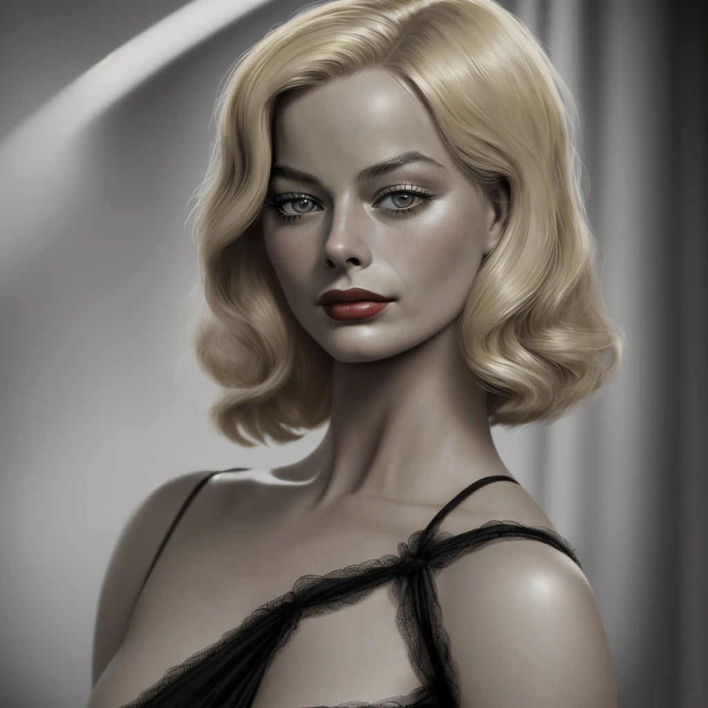 1930s American blonde woman, Looks like Margot Robbie, noir movie, realistic expression, portrait