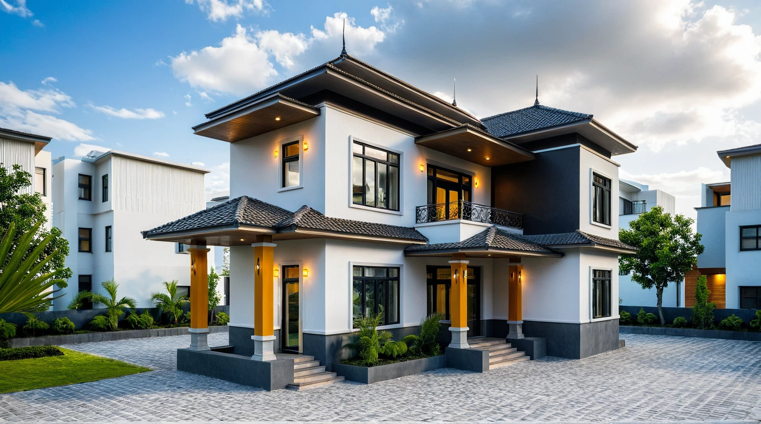 Masterpiece, high quality, best quality, authentic, super detail, outdoors, onestoreyvillaXL, aiaigroup, house style modern on the street ,stairs, white wall ,road,pavement, grass, trees, sky, cloud, (daylight:1.1),((pool front of villa))
