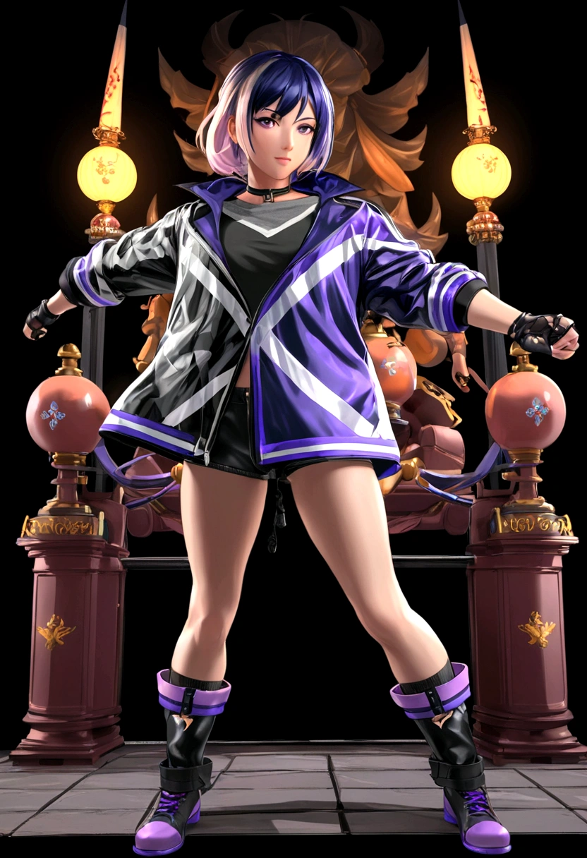 Tomboy girls, Sexy, Smart, Strong, muscular body, Tall Body, Short black hair, purple pupil eyes, black plain chokers, wear jacket, black Crop top, short black jeans, thick long black stocking, High black boots, fingerless black gloves, smile intimidate face, black background, Tekken Art Style, Anime art style.