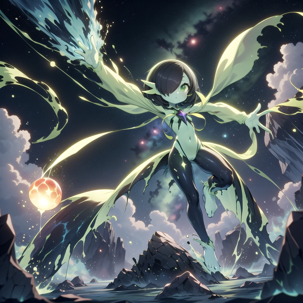 AcidMagic , fantasy , cosmic aura,
best quality, (Masterpiece) , simple background , full body , dynamic pose,
(cosmic black hair), (cosmic blue skin) , hair over one eye, multicolored skin, pokemon \(creature\), green eyes, short hair, two-tone skin, (black cosmic skin) , cloudy sky, wide shot, glowing eyes, floating object, rocks, gardevoir ,
